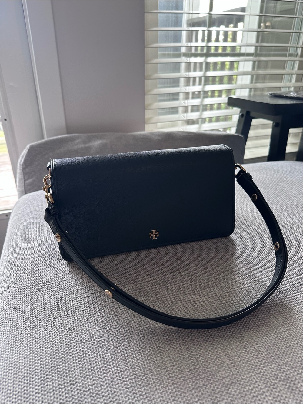 Tory Burch Black Leather Shoulder Bag with Gold Accent